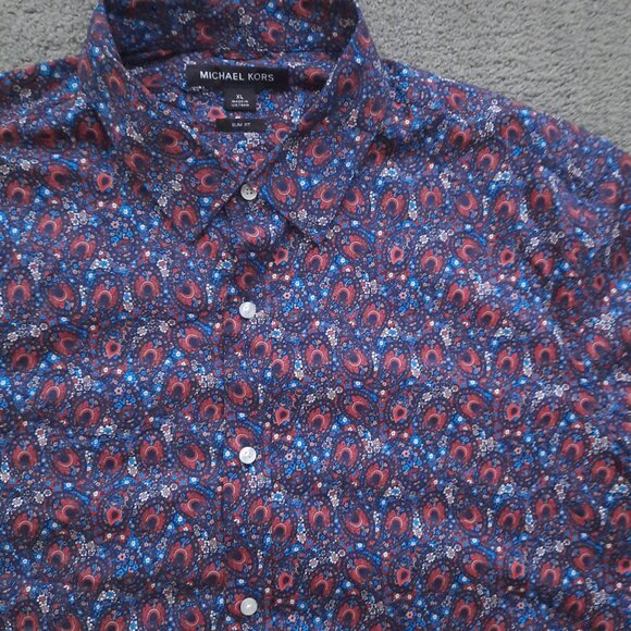 Michael Kors Paisley Floral Blue Shirt Men's XL Slim Fit Retro Look Long Sleeve - Picture 1 of 7